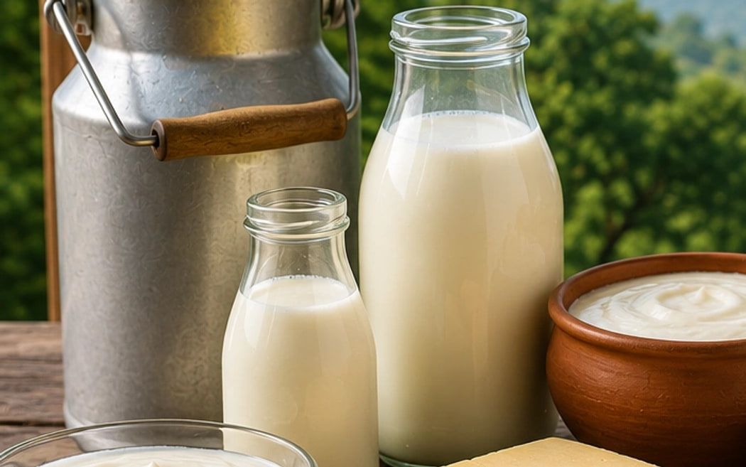 A steel milk churn beside glass bottles of fresh milk on the shop’s table