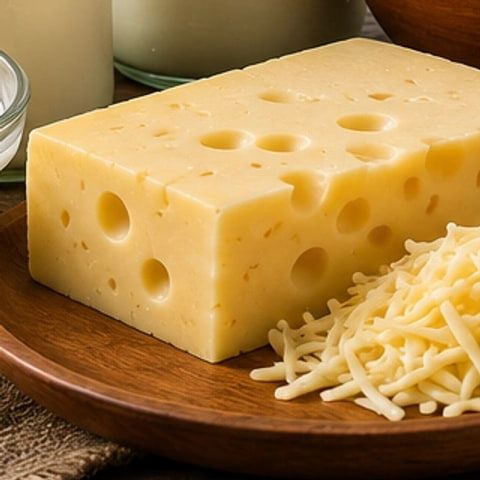 A block of cheese with a pile of grated cheese beside it
