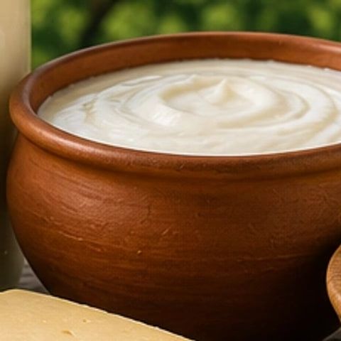 Thick-set curd in a clay pot