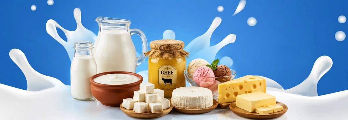 Fresh milk, curd, ghee, paneer, cheese, butter and ice cream arranged against a splash of milk