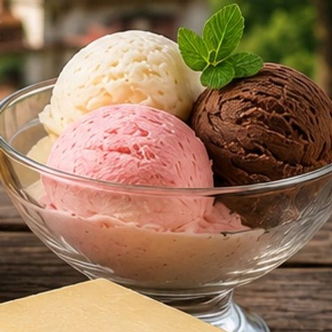 Three scoops of ice cream in a glass bowl