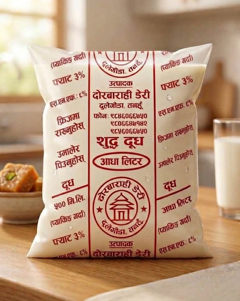 A sealed half-litre sachet of Dhorbarahi Dairy milk on a kitchen counter, printed in red Nepali lettering, with a glass of milk beside it
