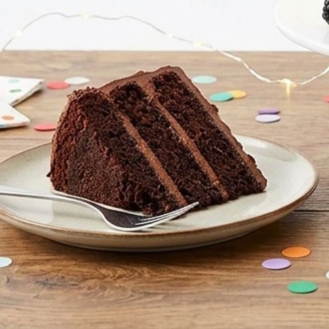 A slice of layered chocolate cake on a plate with a fork